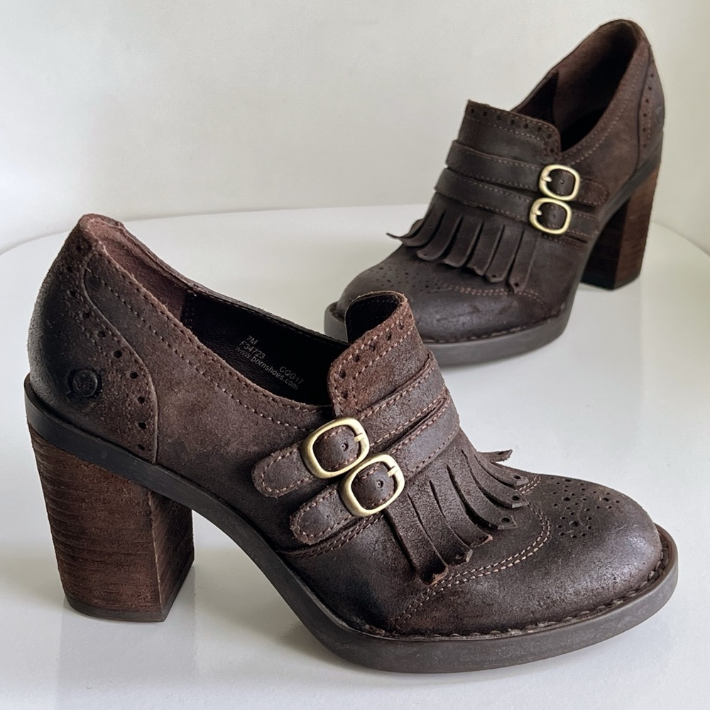 Born Hazel Fringe Heeled Dark Brown Distressed Leather Suede Kiltie Shoes Size 7